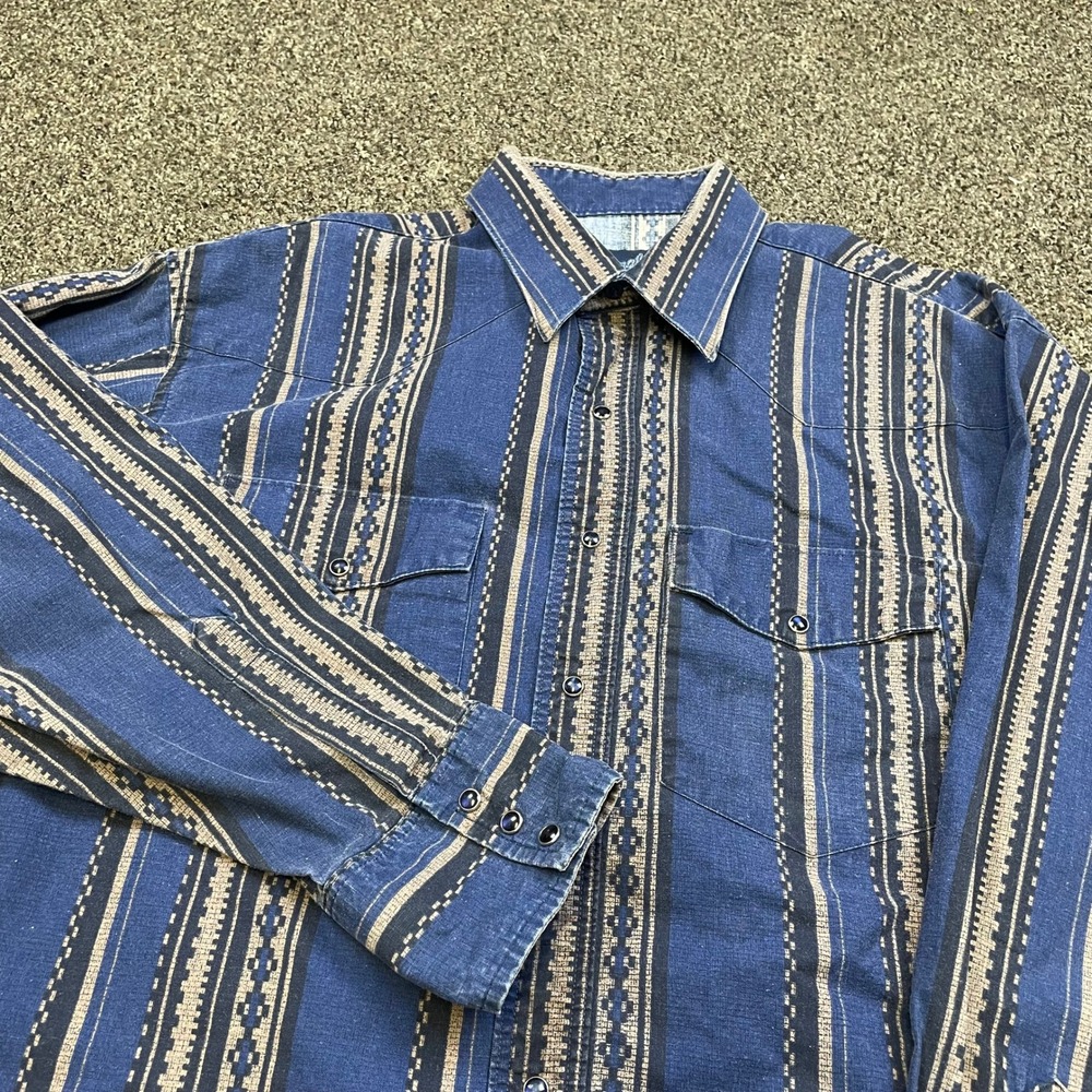 Wrangler Long Tails Mens 17 1/2 Blue Aztec Stripe Western PearlSnap Shirt Cotton